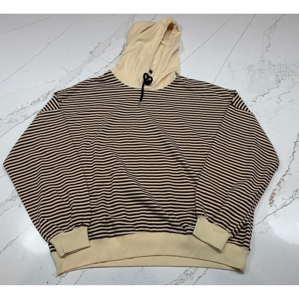 Tan Striped‎ Hoodie Beige Brown Long Sleeve Drawstring Hood Women's Size M